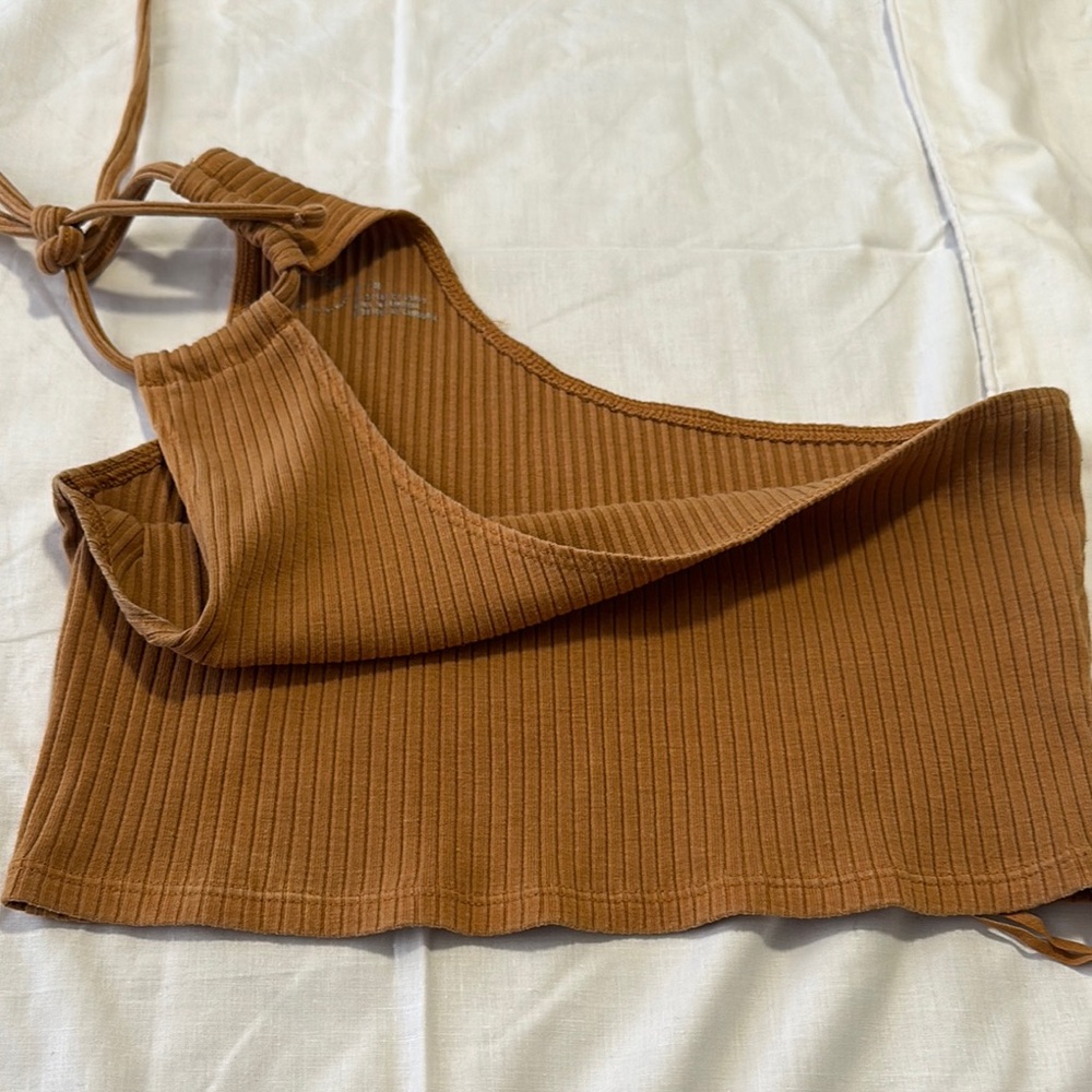 Brown Ribbed One-Shoulder Top - Picture 3 of 5
